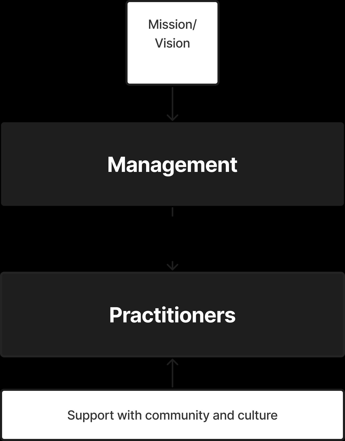 Practitioners depend on mission/vision from the organisation, and on mandate and requirements from management. They can also get direction from their peers through community and culture.
